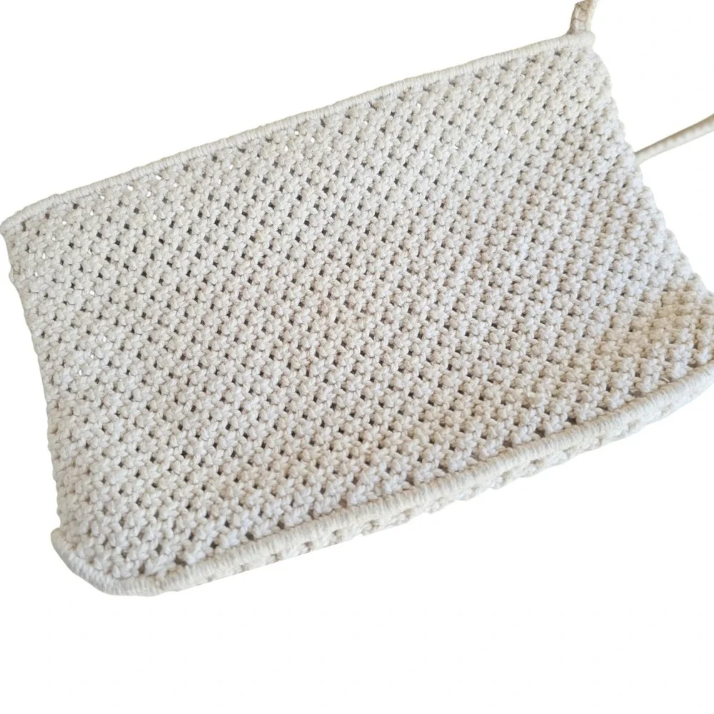Vintage Macrame Clutch‎ Purse Woven Boho Bag Handbag Beaded Beige Handmade Retro
